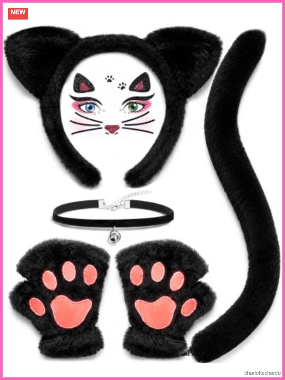 Cat Costume Set Women Cat Ears Headband Tail Paw Gloves Choker Collar Face